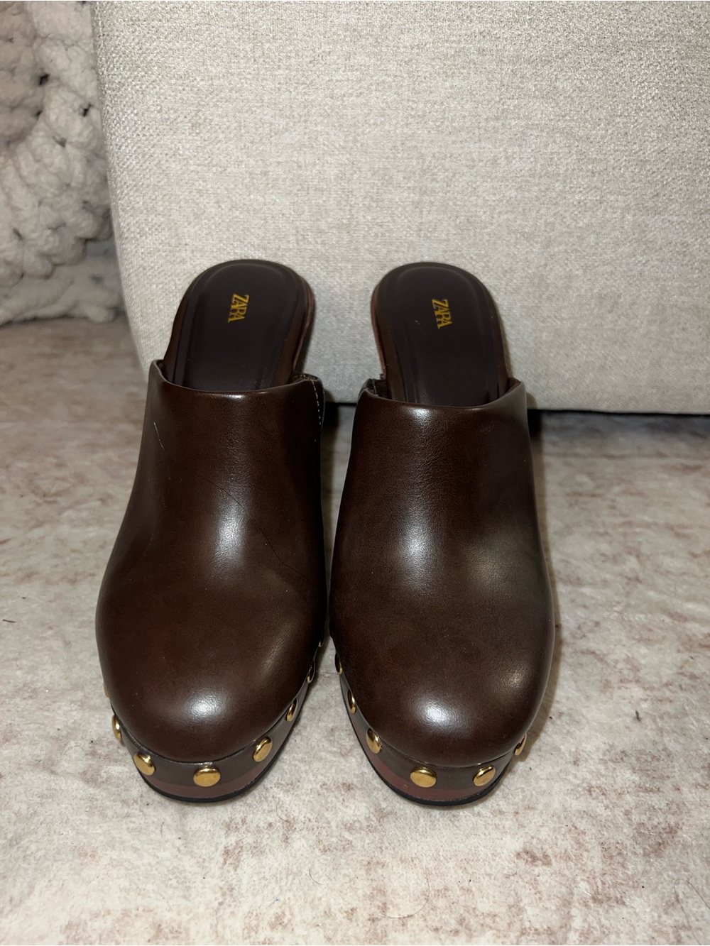 Zara Dark Brown Leather Studded Platform Mules
